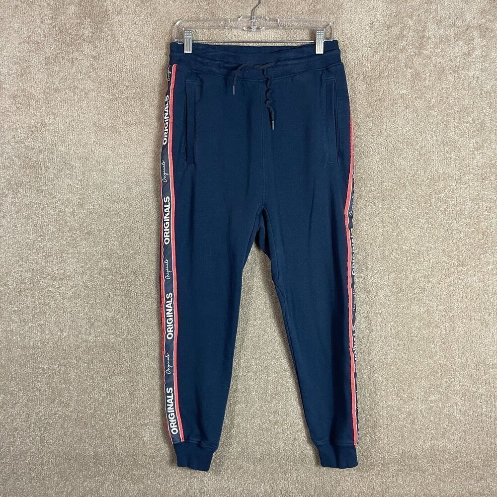 Jack‎ & Jones Joggers Mens Small Navy Blue Skinny Fit Slogan Leg Tape Sweatpants